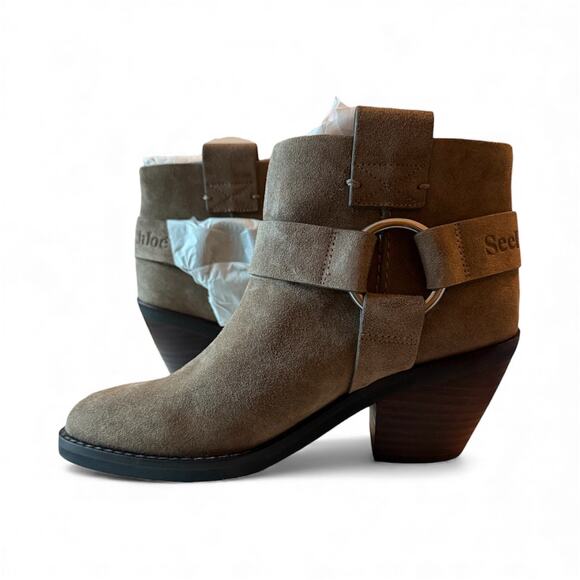 See by Chloé Ankle Boots Taupe Suede Western Luxury Block Heel Size 36 6 NIB - Picture 7 of 9